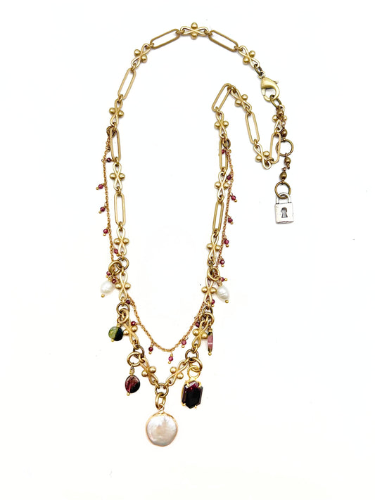 Double Strand Tourmaline & Pearl Charm Necklace - Garnet