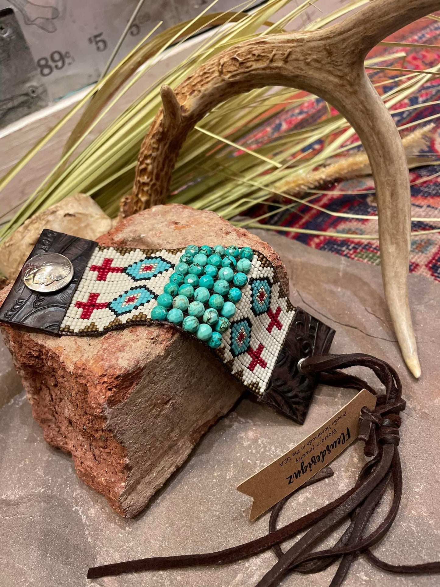 Turquoise and Leather Loom Cuff Bracelet, Prairie Drifter - La De Da