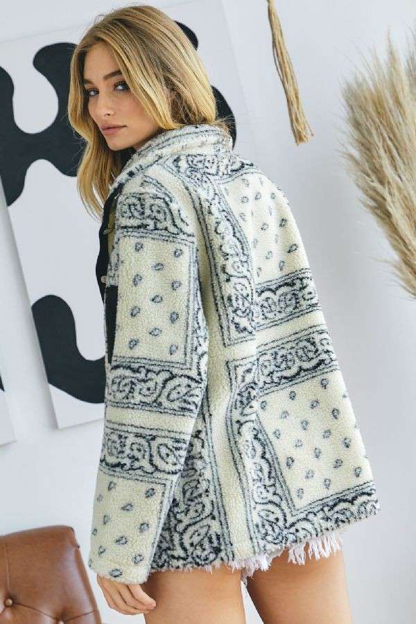 Plus Printed Front Pockets Button Down Jacket - Cream