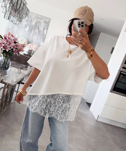 Lace Trim Relaxed Fit Crew Neck Top