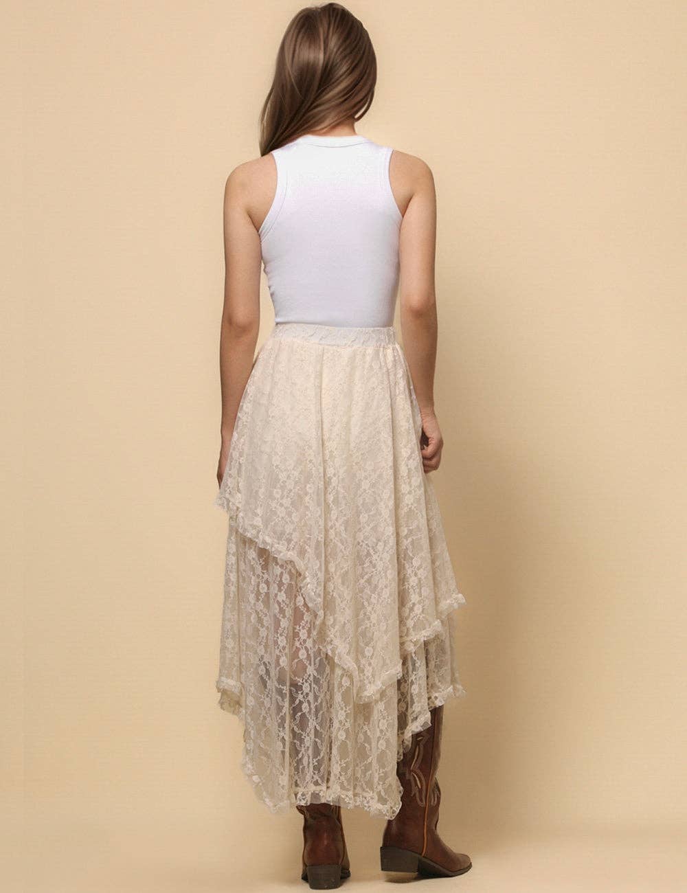 Ladies Floral Lace Layering Slip Midi Skirt- Beige