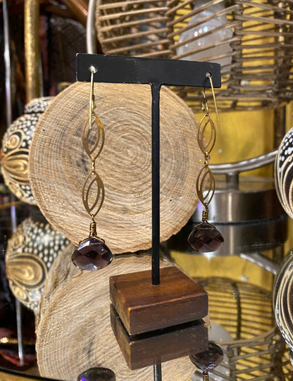 Vintage Brass Chain Earrings - Amethyst