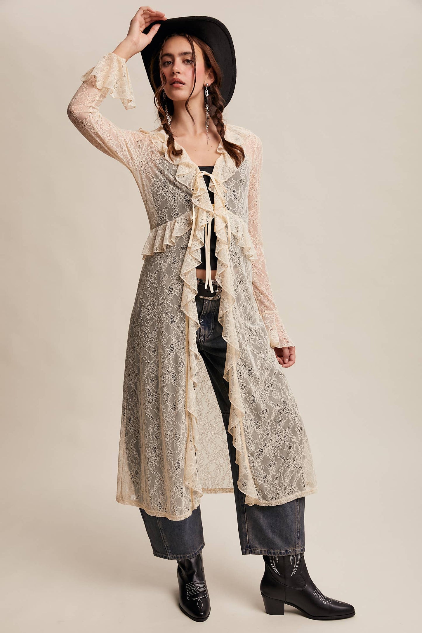 Sheer Lace Ruffle Duster - Ecru