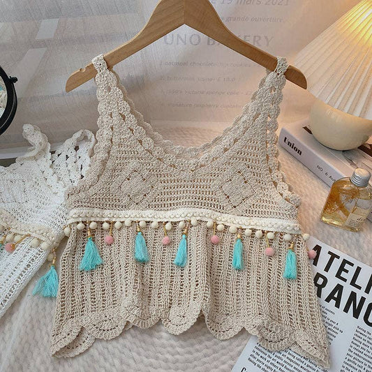 Vintage Fringe Hollow-Out Sleeveless Knit Vest - BEIGE