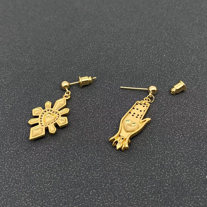 Red Heart Asymmetric Palm Sunlight 14K Gold Plated Earrings