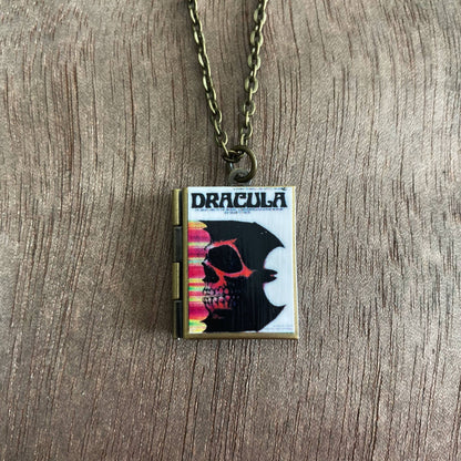 Book Locket Dracula - White with Bat Skull - Bronze