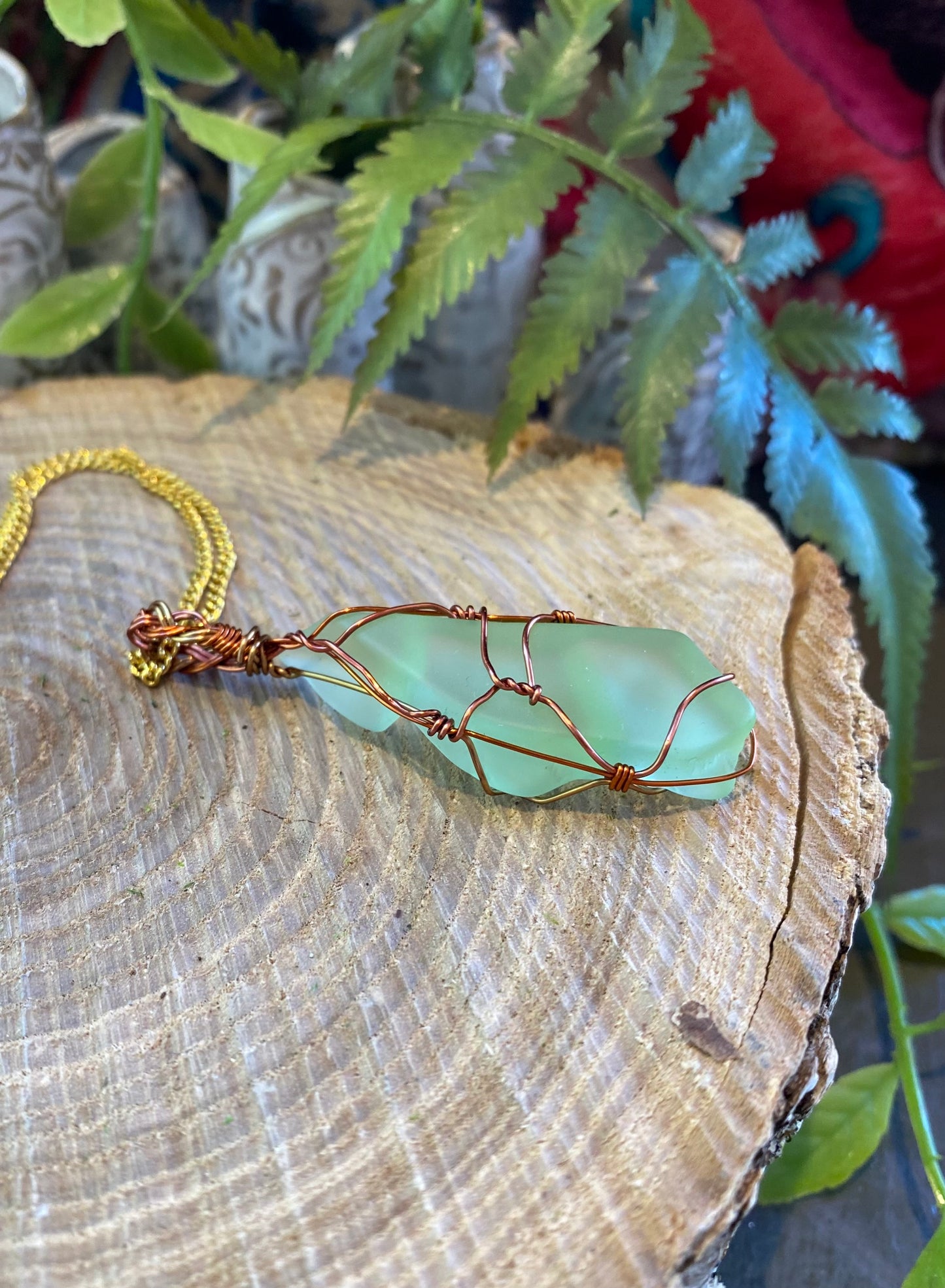 Bronze/Copper Wrapped Uranium Glass Necklace #IV117