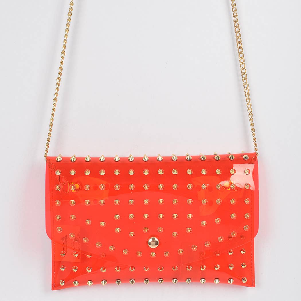 Ull Studded Cross Body Chain Strap Visible Clutch - Clear Silver