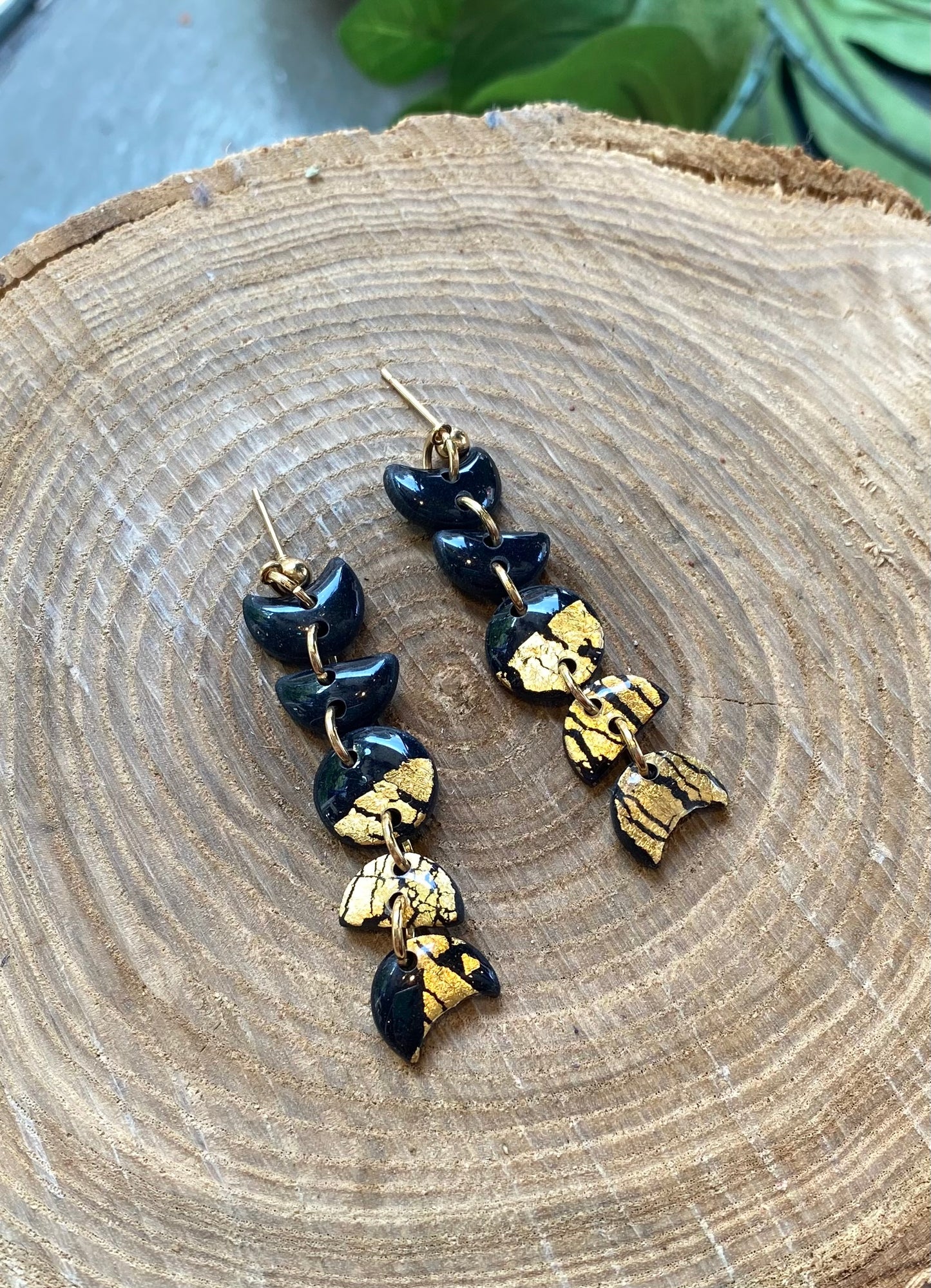 Small Moon Phase Dangles - Black with Gold Leaf *E11