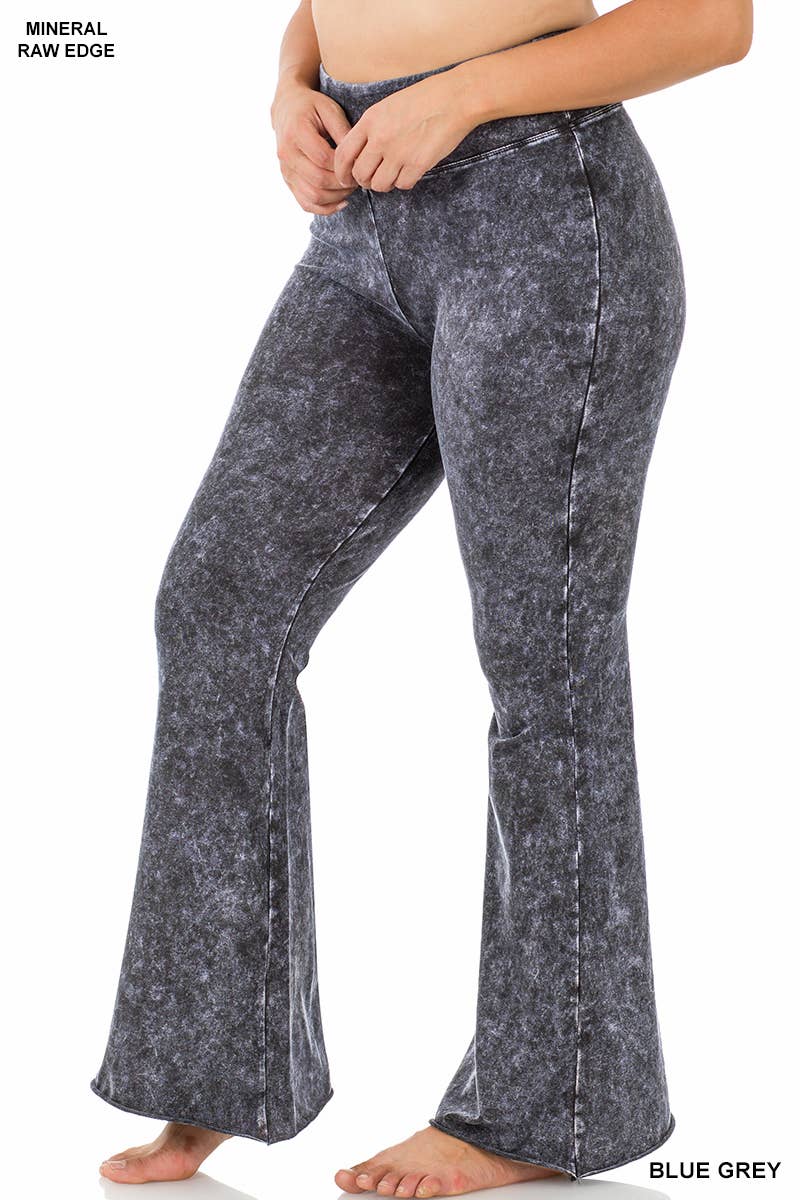 Curve Mineral Washed High Waist Raw Edge Hem Pants- Blue Grey