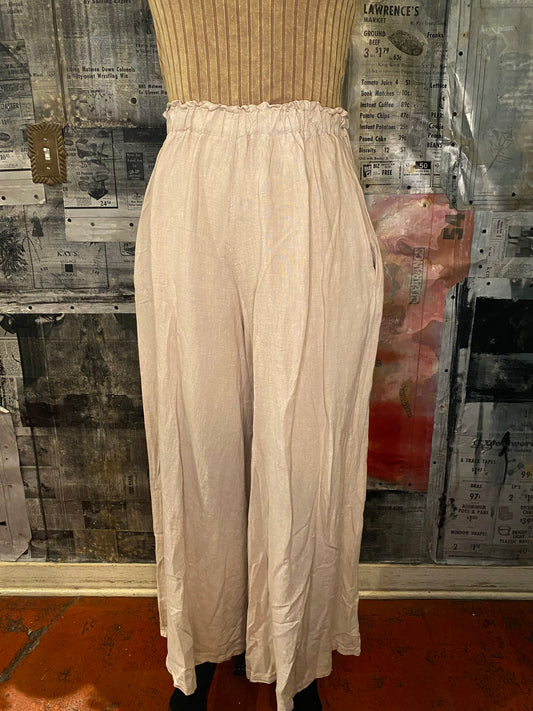 Linen, Elastic Waist Palazzo Pants - Sand