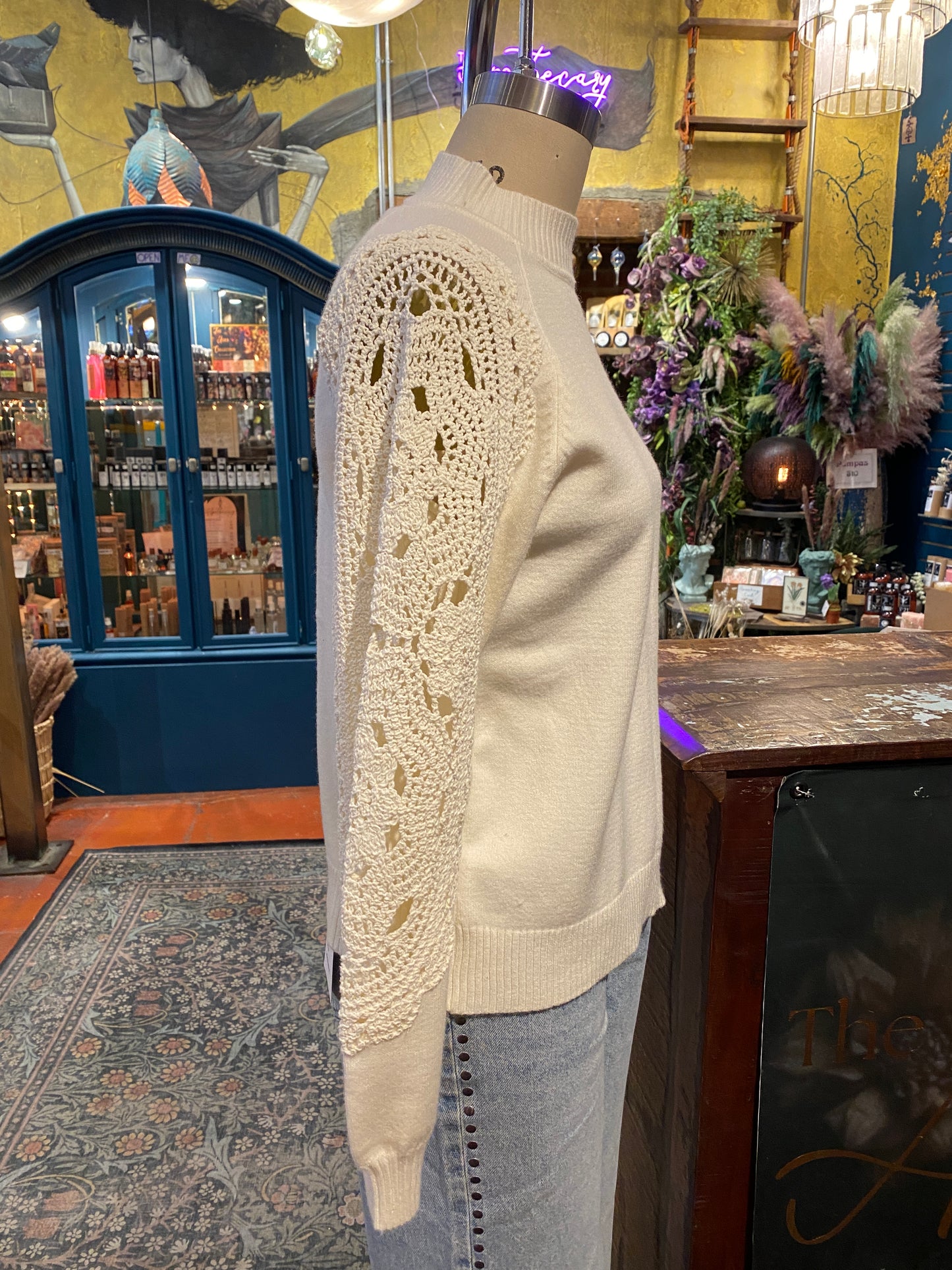Crochet Sleeve Mock Neck - Ecru