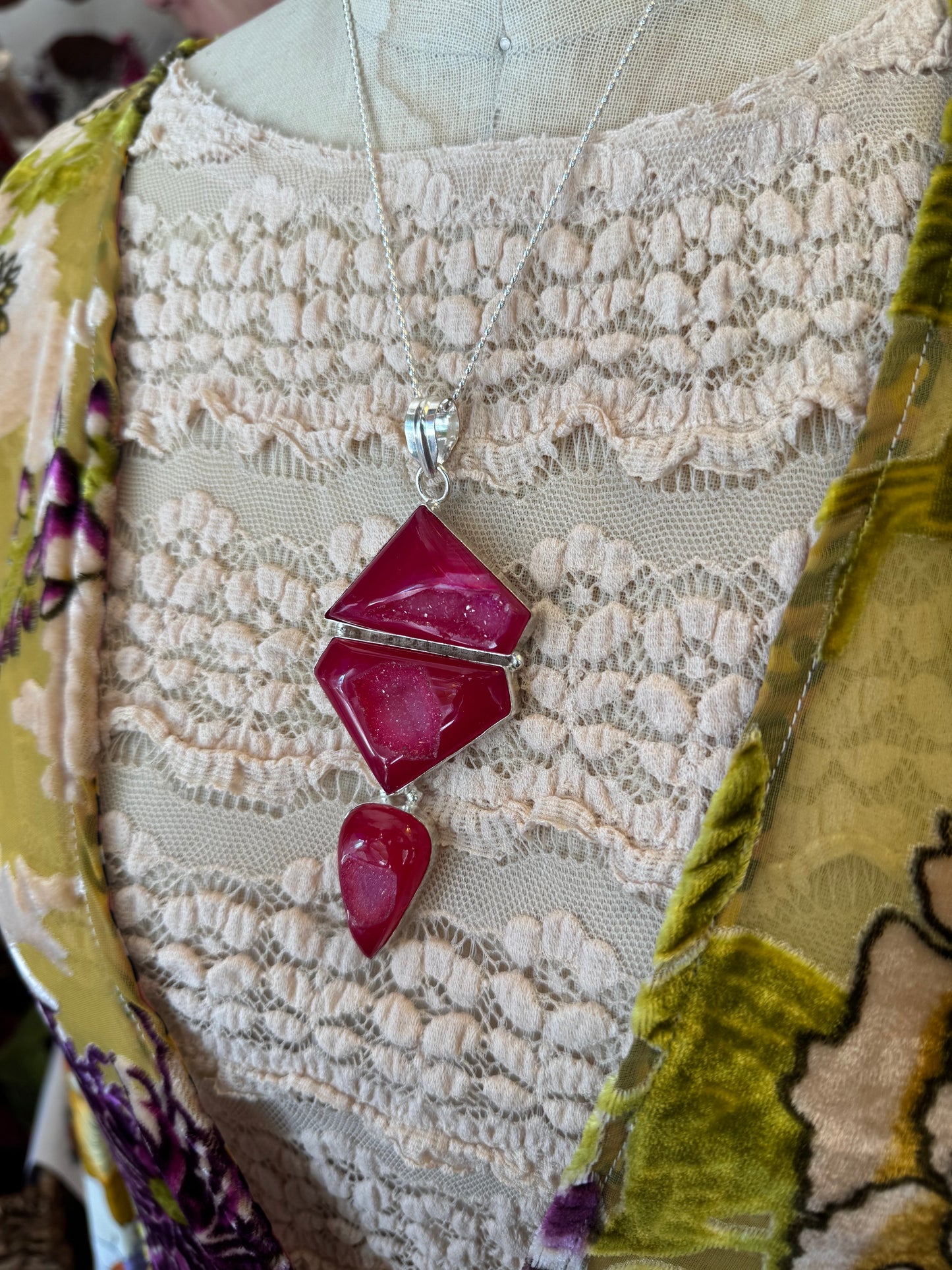 Triple Fuchsia Druzy Pendant