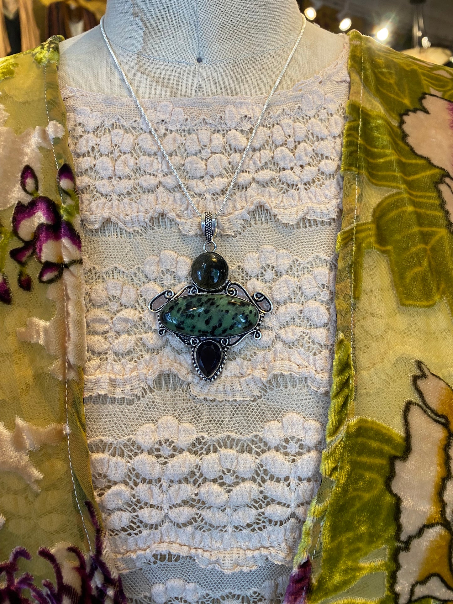Green Jasper Smokey Quartz Amethyst Pendant
