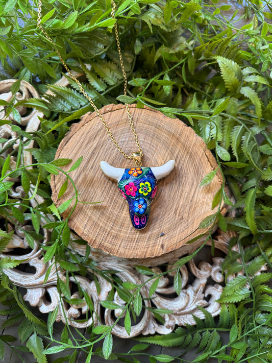 Hand Painted Ceramic Cow Skull Necklace