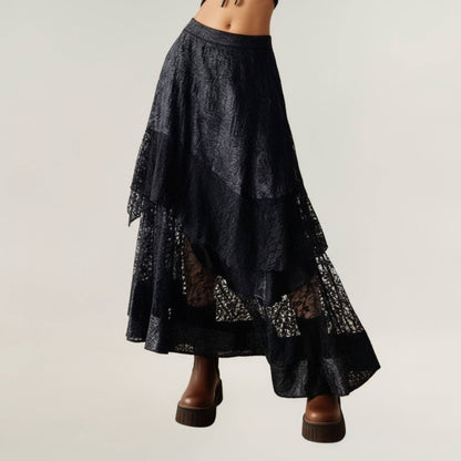 Asymmetrical Tiered Lace Maxi Skirt - Black