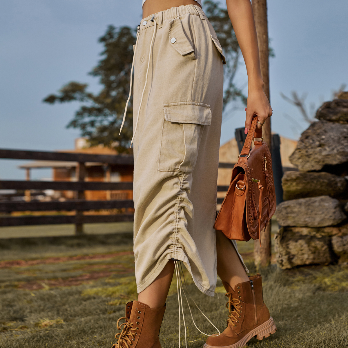 Women’s Cargo Midi Skirt Drawstring Elastic Waist