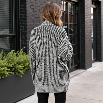 Striped Knit Cardigan with Button Front - Gray