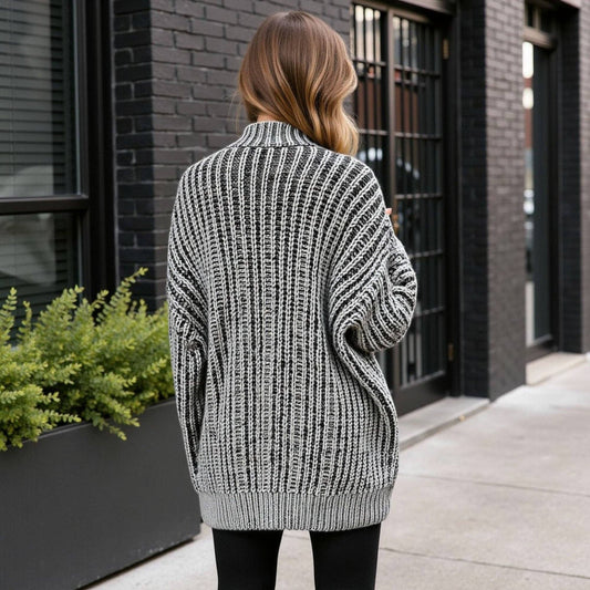Striped Knit Cardigan with Button Front - Gray