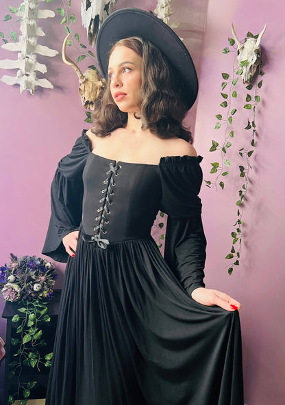 Lilith - Cottage Goth Lace Up Jersey Dress