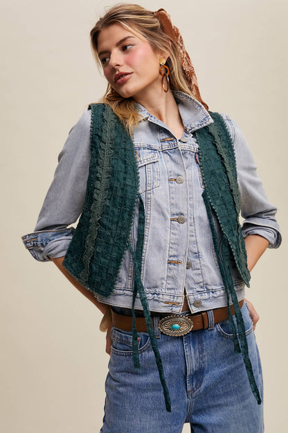 Embroidered Lace Tie-Front Vest - Deep Green