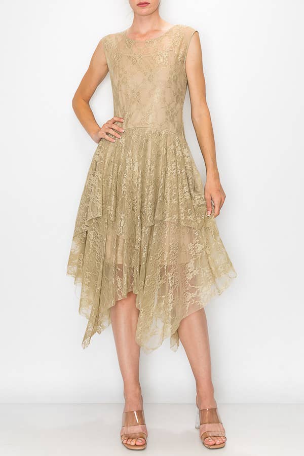 Whimsical Sleeveless Lace Midi Dress With Unattached Slip - TAUPE