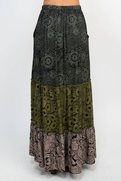 Tiered Lace Print Maxi Skirt - Sage