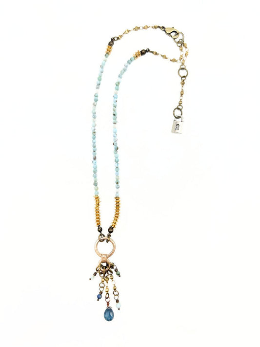 Graduated O ring with burst of stones and beaded chain - Larimar/teal kyanite