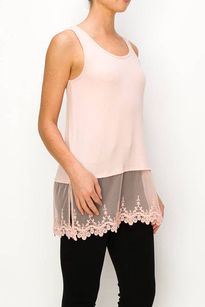 Soft Relaxed Tank With Delicate Floral Laced Hem - Pink