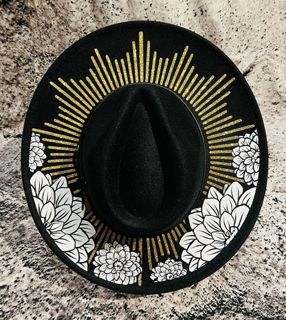 Vegan Felt Hat - XL Brim - Dahlia Burst - Gold & White