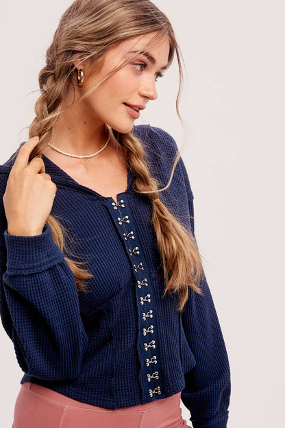 Waffle Knit Corset Hoodie - Teal Blue