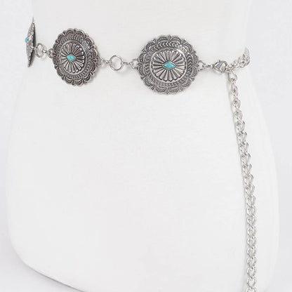 Western Style Metal Chain Belt - Turquoise Embellished Shield