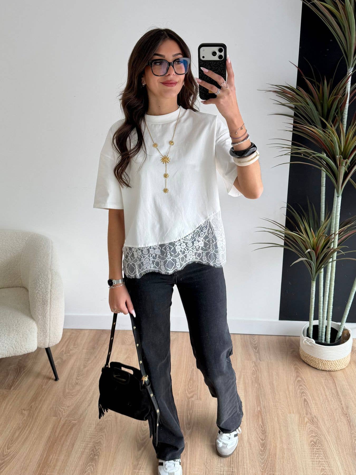Lace Trim Relaxed Fit Crew Neck Top