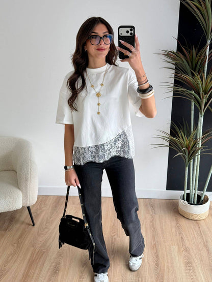 Lace Trim Relaxed Fit Crew Neck Top