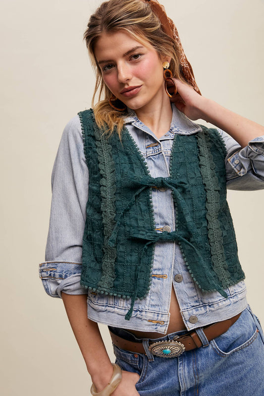 Embroidered Lace Tie-Front Vest - Deep Green