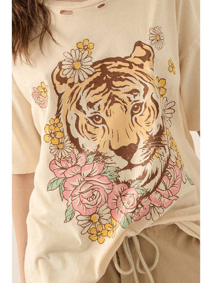Floral Tiger Distressed Vintage-Wash Tee - La De Da
