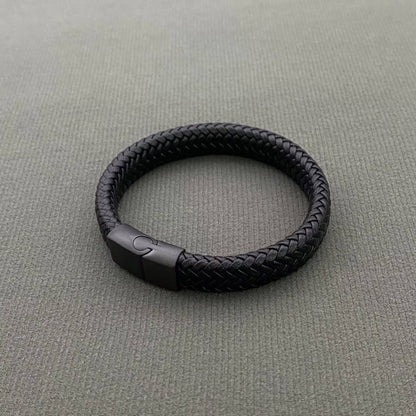 Black PU Leather Men's S.Steel Magnetic Buckle Bracelet