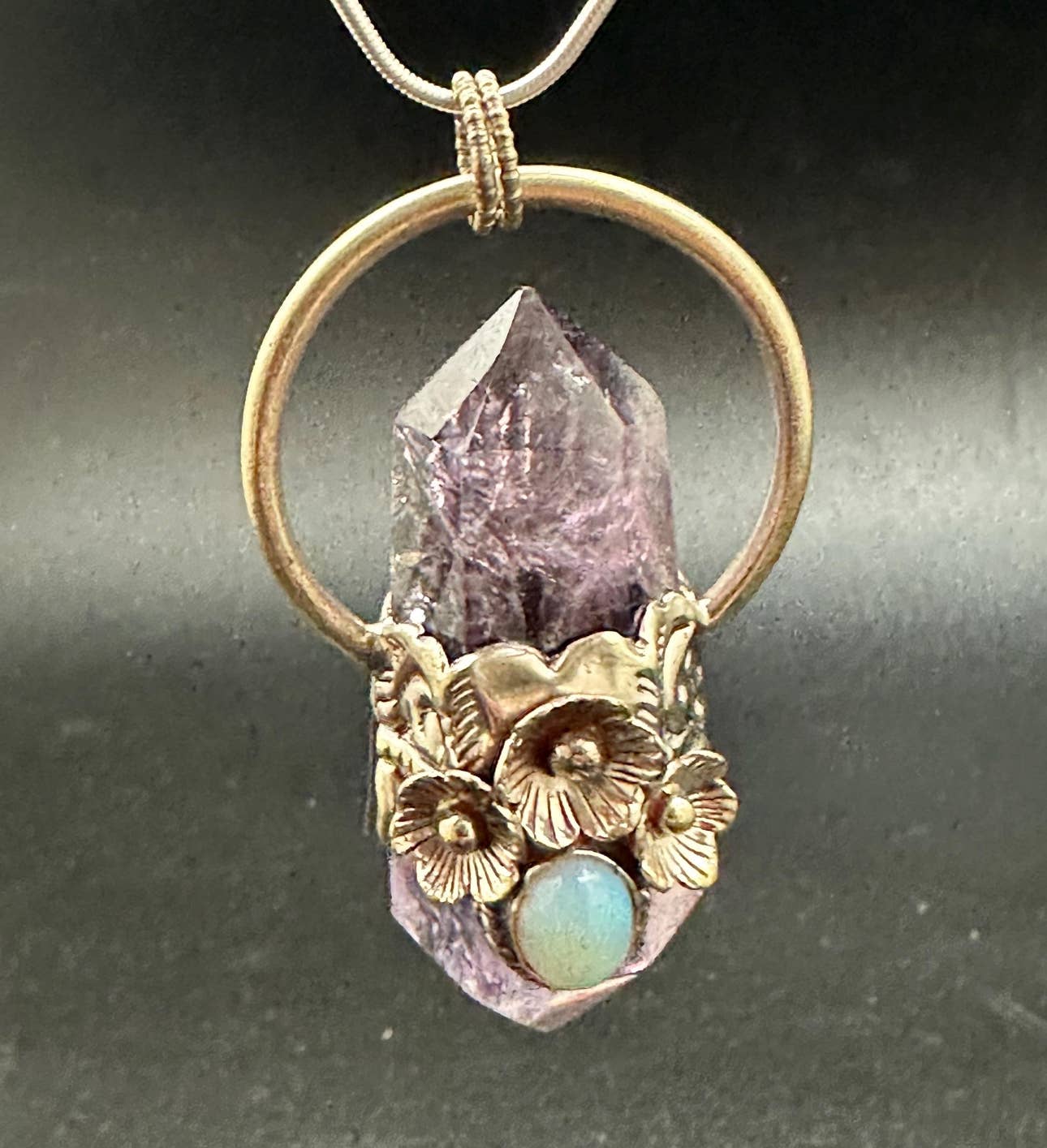 Amethyst double point pendant opal, handcrafted, white metal