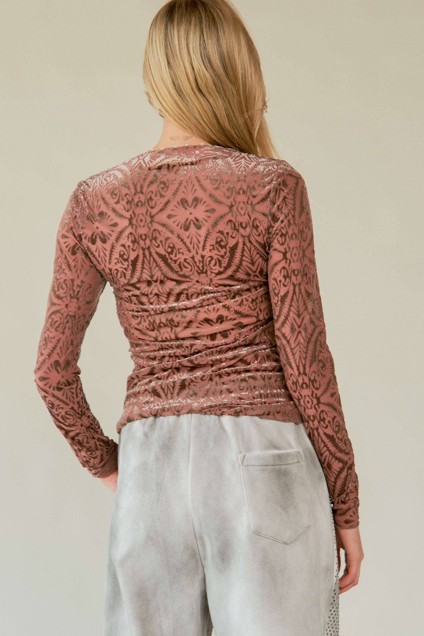Plus Mesh Patterned Printed Long Sleeve - Brick & Mushroom
