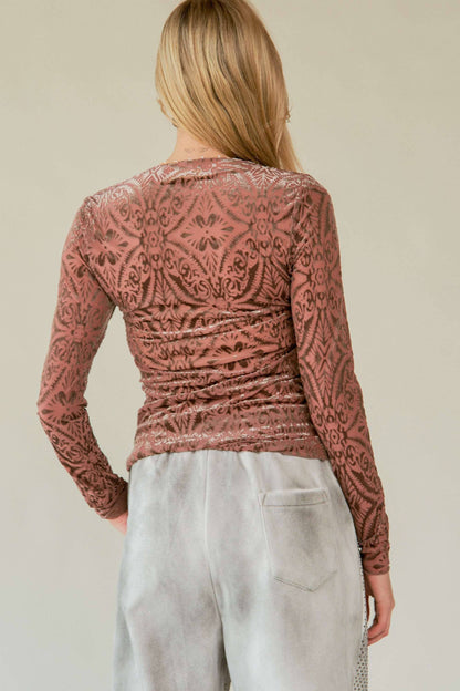 Plus Mesh Patterned Printed Long Sleeve - Brick & Mushroom