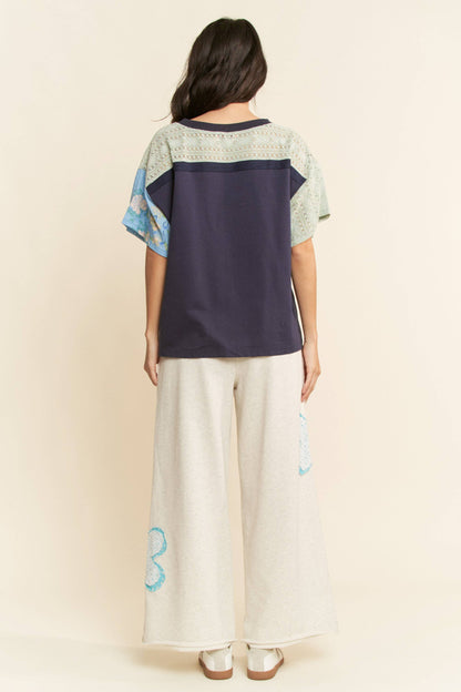 Plus Patchwork Multi Bodice Short Sleeve Top - Navy