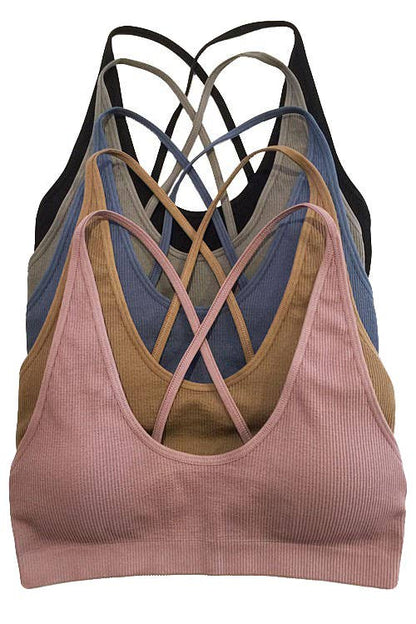 Seamless Ribbed Cross Back Bralette -One Size (Choose Color)