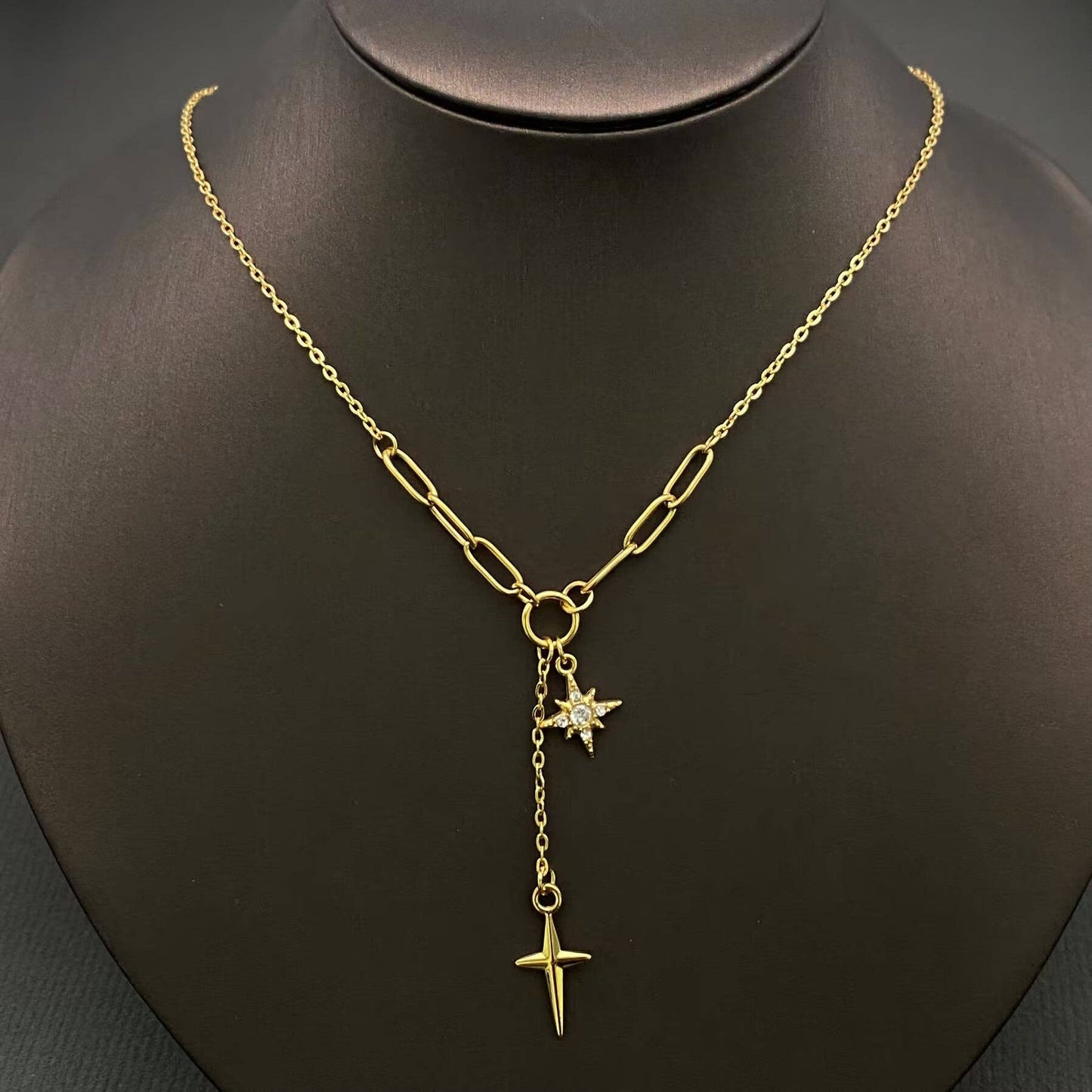 Double Star Charm 18K Golden SS Y-neck Necklace - FGS/MS