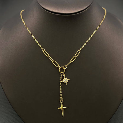 Double Star Charm 18K Golden SS Y-neck Necklace - FGS/MS