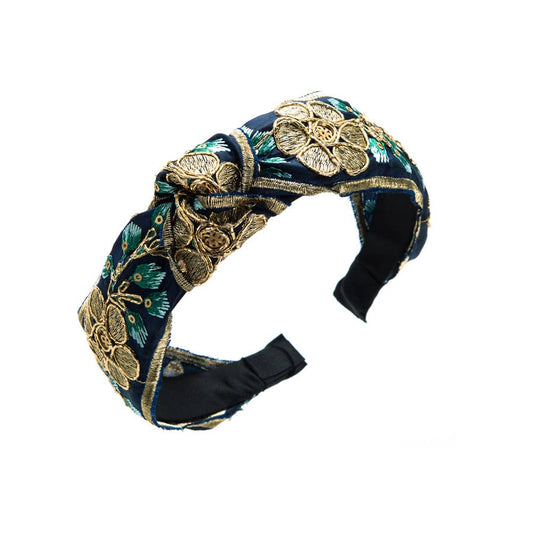 Vintage floral Embroidered Knot Headband - Navy