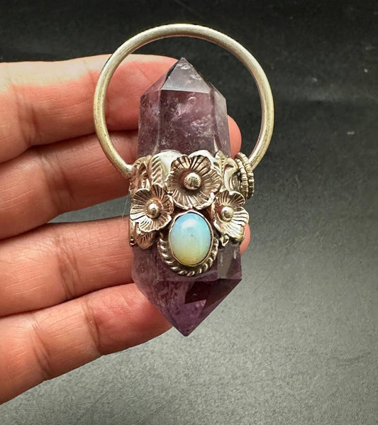 Amethyst double point pendant opal, handcrafted, white metal