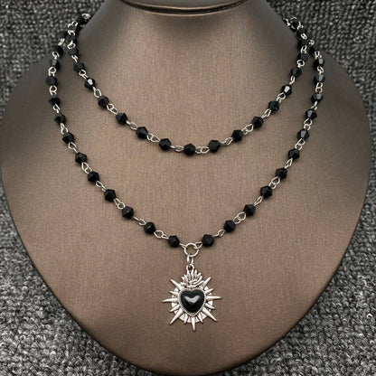 Gothic Black Heart Double Layered Crystal Beaded Necklace