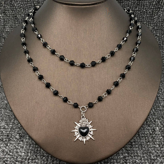 Gothic Black Heart Double Layered Crystal Beaded Necklace