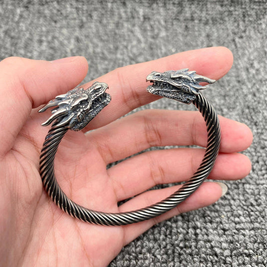 Men's Double Dragon Head Stainless Steel Cuff Bangle