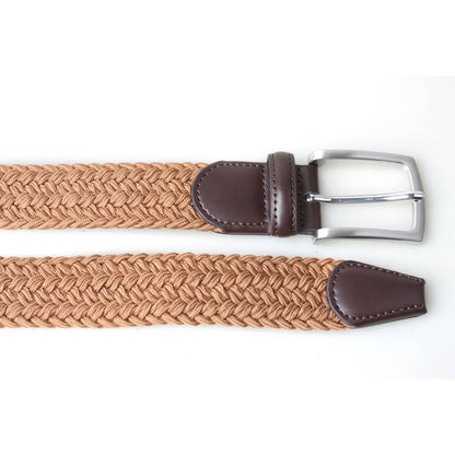 Mens Thick Braided Stretch Woven Fabric Belt w/ Leather Trim - Khaki